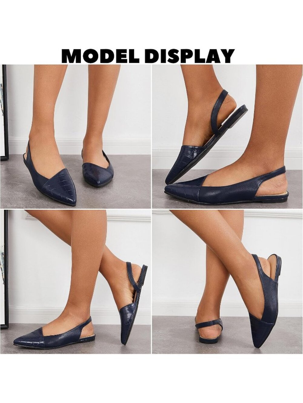 Women's Navy Closed Pointed Toe Flats Slip on Cutout Animal Print Mules Sandals - Picture 4 of 4